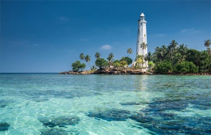 Historic lighthouse on a palm-covered headland above clear turquoise water in Sri Lanka