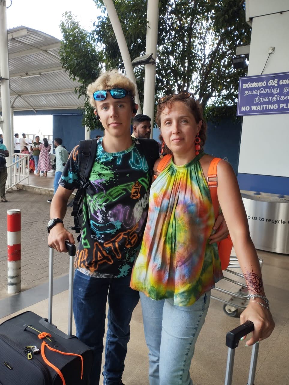 Mother & son ready to explore Sri Lanka — fresh off the flight